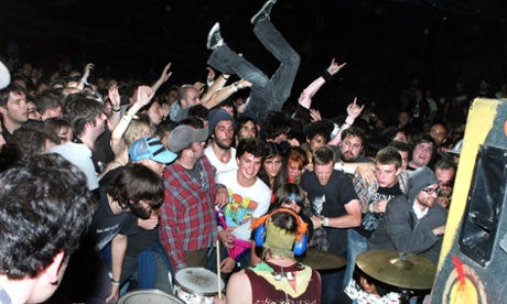 Caught in a mosh: Lightning Bolt (bottom, somewhere) at ATP New York, 2008.