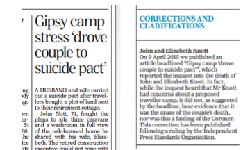 The offending headline on 9 April and the correction published on 8 December.