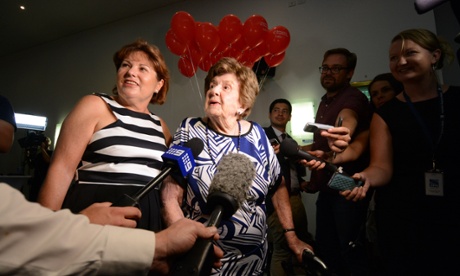 Beryl Erskine (C), grandmother of Queensland Opposition Leader Annastacia Palaszczuk from the Australian Labor Party, and Jo-Ann Miller, MP for Bundamba arrive at a post election party at Lions Richlands Club in Richlands in Brisbane.