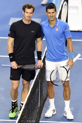 Andy Murray and Novak Djokovic pose prior to their men's singles final.