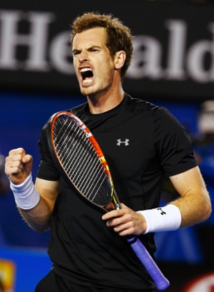 Andy Murray reacts after hitting back.