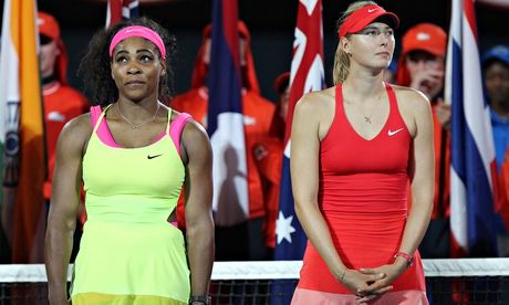 Serena Williams stands a step ahead of Maria Sharapova, whom she defeated for a 17th successive time