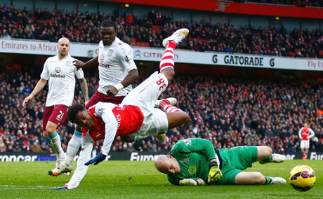 Brad Guzan brings down Chuba Akpom to concede a penalty.