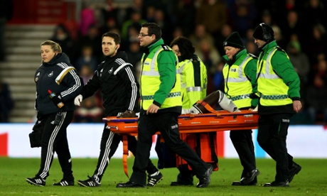 Modou Barrow is stretchered of the pitch following the foul by Ryan Bertrand.