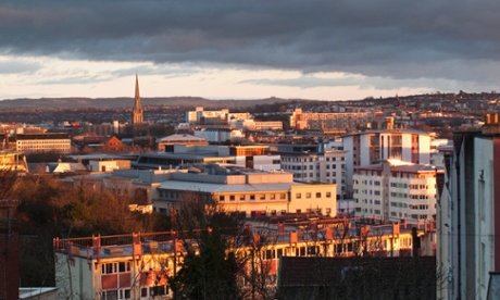 Bristol skyline with late afternoon sun in winter, UK.