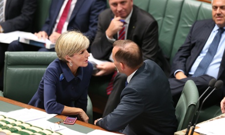 The Prime Minister Tony Abbott with Foreign minister Julie Bishop during question time in the House of Representatives this afternoon, Tuesday 10th February 2015.
