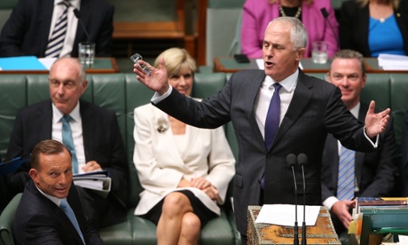 Minister for communications Malcolm Turnbull and Prime Minister Tony Abbott during question time in the House of Representatives this afternoon, Monday  9th February 2015.