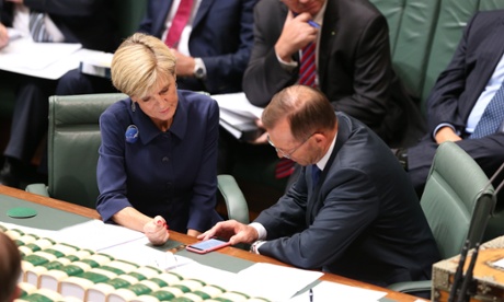 The Prime Minister Tony Abbott with Foreign minister Julie Bishop during question time in the House of Representatives this afternoon, Tuesday 10th February 2015.