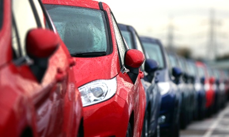 Cars prepared for distribution at the Ford factory in Dagenham, England.