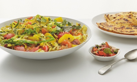 Thomasina Miers' potato and savoy curry with chickpea pancakes