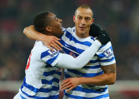 Bobby Zamora celebrates scoring their second goal with Leroy Fer.
