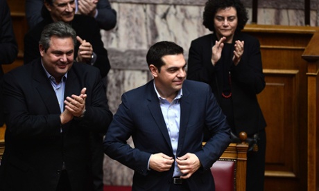 Alexis Tsipra, Greece's prime minister, reacts after his government got the confidence vote ahead of talks about the country's debt.
