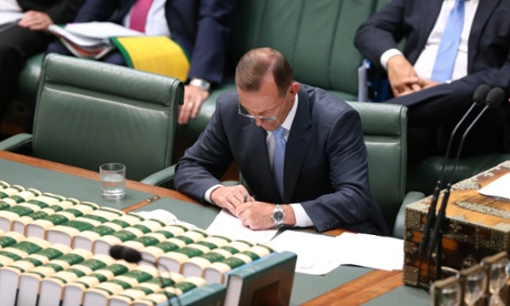 The Prime Minister Tony Abbott during question time in the House of Representatives this afternoon, Wednesday 11th February 2015. Photograph by Mike Bowers for Guardian Australia #politicslive