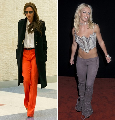 Though she was a repeat boot cut offender in the noughties Victoria Beckham wears flares the modern way, with a high waist, in 2013. Britney Spears shows her abs in 2001.