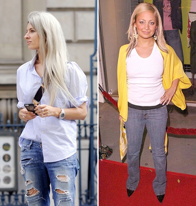 Vogue’s Sarah Harris with an untucked shirt over jeans in 2014 and Nicole Ritchie in 2004.