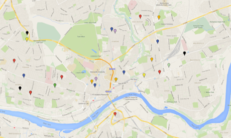 This map of Newcastle city centre highlights the lack of supermarkets in Walker. Green icons represent Asda, yellow Morrisons, blue Tesco, orange  Sainsbury’s, dark green for M&S, purple for Waitrose and black for Lidl and Aldi.