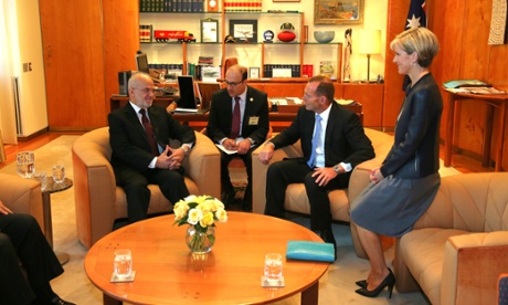 The Prime Minister Tony Abbott and Foreign Minister Julie Bishop meet with the Iraqi Foreign Minister Dr Ibrahim Al-Jaafari in the PM's office in Parliament House this morning, Thursday 12th February 2015. Photograph by Mike Bowers for Guardian Australia. #politicslive