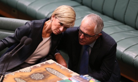 The Foreign Minister Julie Bishop and Communications minister Malcolm Turnbull during a motion on a stay of executions for Andrew Chan and Myuram Sukumaran this morning in the reps chamber.