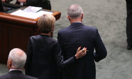 The Foreign Minister Julie Bishop and Communications minister Malcolm Turnbull after a motion on a stay of executions for Andrew Chan and Myuram Sukumaran this morning in the reps chamber. #politicslive Photograph  by Mike Bowers for The Guardian Australia