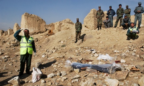 The plastic wrapped dead body of an Afghan youth, who was killed by a landmine