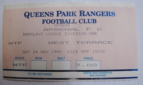 Amy Lawrence's ticket from the Division One match between QPR and Arsenal, from 1990.