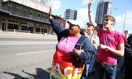 Gay marriage supporters rally in front of Mobile County probate court on Tuesday.