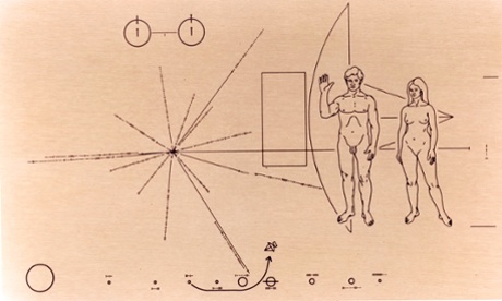 Above, images and symbols etched on Nasa’s Pioneer plaque that was attached to the Pioneer 10 spacecraft before it was launched into space on 2 March 1972.