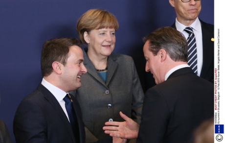 Xavier Bettel, Angela Merkel and David Cameron EU summit in Brussels, Belgium.