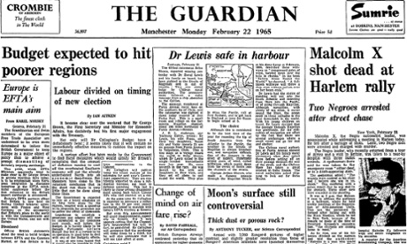 Malcolm X shot dead, Guardian front page 22 February 1965