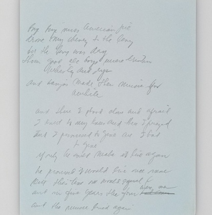 The original manuscript written by Don McLean for his hit American Pie, set to be auctioned at Christie’s in New York