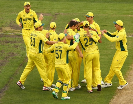 Australia celebrate after the dismissal of Gary Ballance.