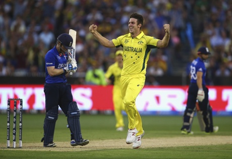 Another duck for Eoin Morgan as Mitch Marsh celebrates another wicket.
