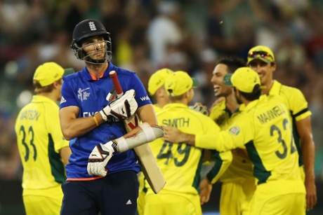 Steven Finn walks after giving bowler Mitchell Johnson an easy catch.