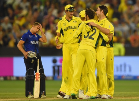 Australia celebrate at the end of the match as James Taylor is left two short of a century.