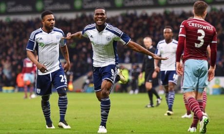 Brown Ideye celebrates his second goal for West Brom against West Ham.