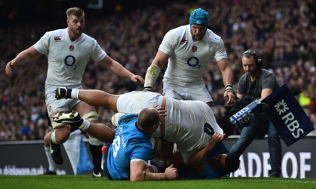Billy Vunipola drives through for England's first try.