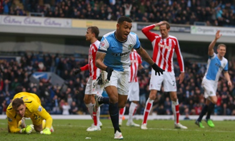 Blackburn Rovers' Joshua King celebrates after nodding the ball into the back of the net.