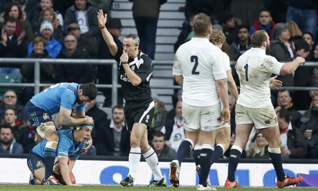 Luca Morisi puts Italy back in the game after finding a gap in England's defence.