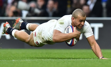 England centre Jonathan Joseph goes over for his second try against Italy.