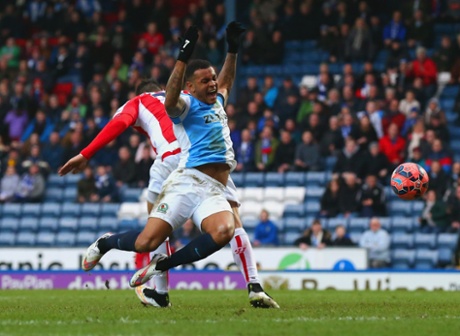 Blackburn's Joshua King is fouled by Geoff Cameron and a penalty is the result.