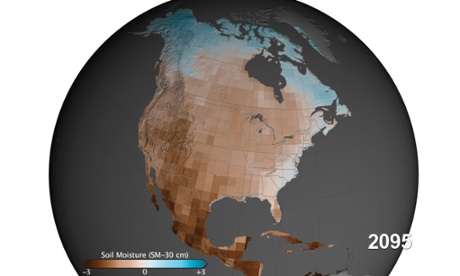 Soil moisture 30 cm below ground projected through 2100 for scenario RCP 4.5, which involves action to reduce carbon pollution. Brown is drier and blue is wetter than the 20th century average.