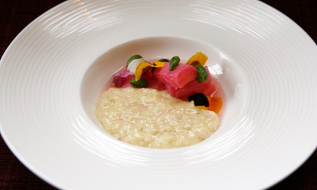 Pearl barley pudding, with 'pieces of rhubarb the colour of children’s sweets'.
