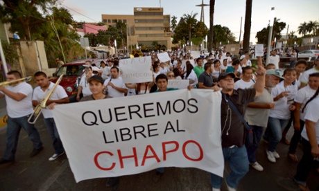 People protest in support of arrested Mexican drug kingpin Joaquín Guzmán, chanting ‘release him’.