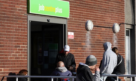 People waiting outside a Job Centre Plus in Nottingham