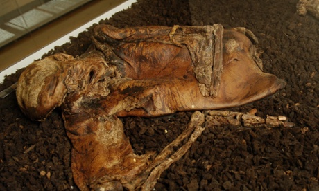 The Lindow Man – a preserved body from the iron age – at the British Museum, London