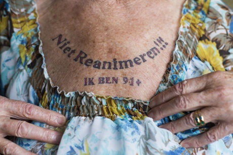 91-one-year old Nel Bolten has a tattoo on her chest that says: 'Do not resuscitate, I am 91+' in The Hague, The Netherlands.  Dutch Health Minister Edith Schippers has declared that this tattoo is a legal declaration that gives Nel the right to self determination to end her life.