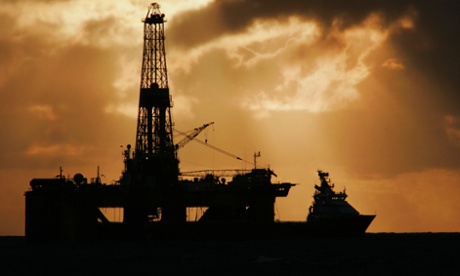 A supply vessel and oil rig in the North sea.