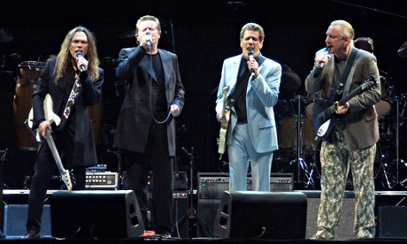 The Eagles in concenrt in Moscow, 2001: from left to right, Timothy Schmidt, Don Henley, Glen Frey a