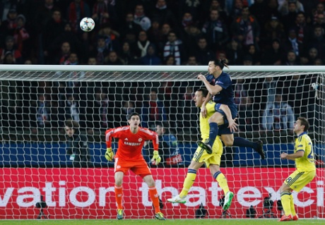 Zlatan Ibrahimovic has the beating of John Terry but not Thibaut Courtois, who strongly batted the ball away when the header came straight at him.