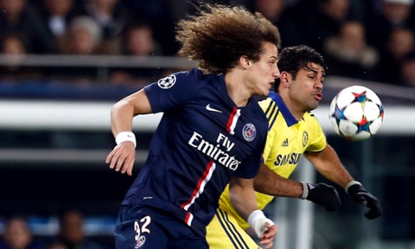 David Luiz of Paris Saint-Germain tussles with Diego Costa of Chelsea.